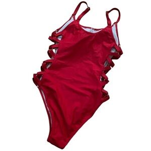 Red Lace Criss Cross Sides One Piece Swimsuit Size Small